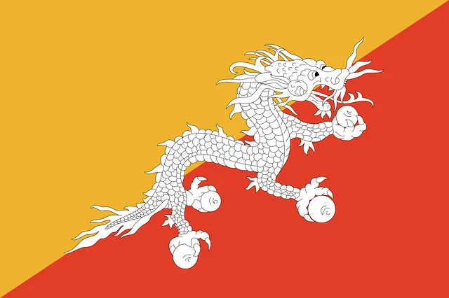 仏教国ブータンの旗。白い龍が描かれている。